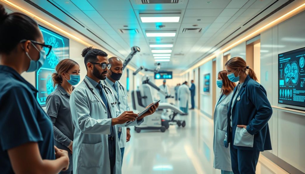 A modern, high-tech healthcare environment depicting the integration of AI in patient care. In the foreground, a diverse group of medical professionals in professional attire collaborates around a digital tablet displaying intricate health data. In the middle ground, advanced medical equipment like robotic arms and AI-powered diagnostic screens can be seen assisting with patient examinations. The background features a bright, well-lit hospital corridor adorned with digital displays highlighting AI analytics. Soft, natural lighting illuminates the scene, creating a warm and welcoming atmosphere. The overall mood conveys innovation, collaboration, and the enhancement of healthcare through technology, showcasing AI as a supportive tool rather than a replacement for human intelligence. The perspective captures an expansive view, illustrating the seamless blend of AI and healthcare in everyday life. A modern, high-tech healthcare environment depicting the integration of AI in patient care. In the foreground, a diverse group of medical professionals in professional attire collaborates around a digital tablet displaying intricate health data. In the middle ground, advanced medical equipment like robotic arms and AI-powered diagnostic screens can be seen assisting with patient examinations. The background features a bright, well-lit hospital corridor adorned with digital displays highlighting AI analytics. Soft, natural lighting illuminates the scene, creating a warm and welcoming atmosphere. The overall mood conveys innovation, collaboration, and the enhancement of healthcare through technology, showcasing AI as a supportive tool rather than a replacement for human intelligence. The perspective captures an expansive view, illustrating the seamless blend of AI and healthcare in everyday life.