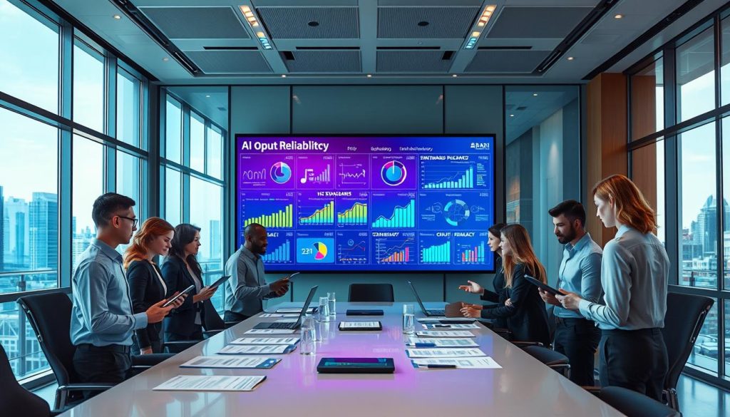 A modern, high-tech office setting focused on evaluating AI reliability. In the foreground, a diverse group of professionals in business attire are gathered around a sleek conference table filled with reports and data visualizations. They are engaged in discussion, analyzing metrics displayed on tablets and laptops. In the middle, a large digital screen showcases various graphs and standards related to AI output accuracy, with vivid colors illuminating the space. The background features a large window with a cityscape view, letting in soft, natural light that creates an optimistic atmosphere. The composition uses a wide-angle lens to capture the team's collaborative spirit and determination to assess AI's reliability thoroughly.