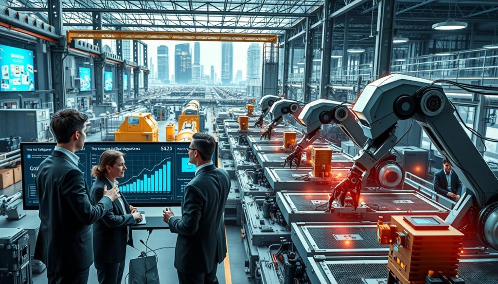 A modern industrial setting showcasing the integration of artificial intelligence in various sectors. In the foreground, a diverse group of professionals in smart business attire collaborates around a high-tech computer interface displaying real-time data analytics and AI algorithms. In the middle ground, robotic arms work seamlessly alongside human operators on an advanced manufacturing floor, illustrating harmony between humans and machines. The background features a sleek cityscape with digital screens and smart buildings, all under bright, ambient lighting that conveys innovation and progress. Use a wide-angle lens to capture the expansive environment, emphasizing the futuristic atmosphere of AI in industry. The mood is optimistic and dynamic, reflecting the transformative potential of AI in shaping society. A modern industrial setting showcasing the integration of artificial intelligence in various sectors. In the foreground, a diverse group of professionals in smart business attire collaborates around a high-tech computer interface displaying real-time data analytics and AI algorithms. In the middle ground, robotic arms work seamlessly alongside human operators on an advanced manufacturing floor, illustrating harmony between humans and machines. The background features a sleek cityscape with digital screens and smart buildings, all under bright, ambient lighting that conveys innovation and progress. Use a wide-angle lens to capture the expansive environment, emphasizing the futuristic atmosphere of AI in industry. The mood is optimistic and dynamic, reflecting the transformative potential of AI in shaping society.