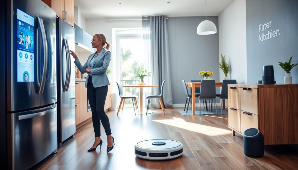 A modern, inviting kitchen scene showcasing various everyday technologies utilizing AI, such as a smart refrigerator, a robot vacuum, and a voice-activated home assistant. In the foreground, a professional woman in business attire interacts with the smart display on the refrigerator, with a thoughtful expression, highlighting her engagement with the technology. In the middle ground, the robot vacuum is quietly cleaning the floor, and the smart speaker emits a soft glow. Bright, natural lighting streams in through a window, creating a warm and friendly atmosphere. The background features a cozy dining area, adding to the overall sense of comfort and innovation in daily life. Emphasize a balanced composition and a lens perspective that captures the human-tech interaction clearly. A modern, inviting kitchen scene showcasing various everyday technologies utilizing AI, such as a smart refrigerator, a robot vacuum, and a voice-activated home assistant. In the foreground, a professional woman in business attire interacts with the smart display on the refrigerator, with a thoughtful expression, highlighting her engagement with the technology. In the middle ground, the robot vacuum is quietly cleaning the floor, and the smart speaker emits a soft glow. Bright, natural lighting streams in through a window, creating a warm and friendly atmosphere. The background features a cozy dining area, adding to the overall sense of comfort and innovation in daily life. Emphasize a balanced composition and a lens perspective that captures the human-tech interaction clearly.
