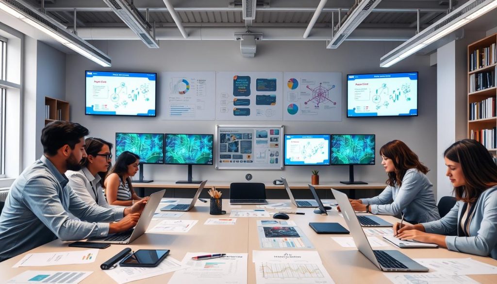 A modern office environment dedicated to AI training data collection. In the foreground, a diverse team of professionals, wearing business attire, actively collaborates around a large table filled with laptops, data sheets, and digital tablets displaying visualizations of data patterns. In the middle ground, vibrant screens and monitors project graphs and algorithms, while a large central whiteboard showcases flowcharts illustrating the data collection process. The background features shelves lined with books on AI and data science. The lighting is soft and bright, creating an encouraging atmosphere, while a wide-angle view captures the dynamic working environment. The overall mood is focused and innovative, representing the collaborative effort in training AI systems. A modern office environment dedicated to AI training data collection. In the foreground, a diverse team of professionals, wearing business attire, actively collaborates around a large table filled with laptops, data sheets, and digital tablets displaying visualizations of data patterns. In the middle ground, vibrant screens and monitors project graphs and algorithms, while a large central whiteboard showcases flowcharts illustrating the data collection process. The background features shelves lined with books on AI and data science. The lighting is soft and bright, creating an encouraging atmosphere, while a wide-angle view captures the dynamic working environment. The overall mood is focused and innovative, representing the collaborative effort in training AI systems.