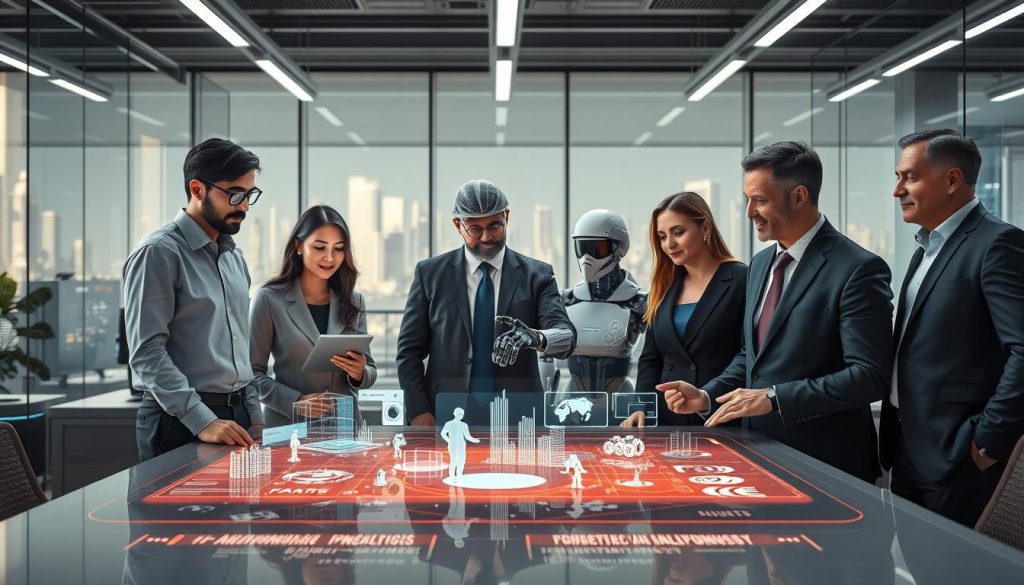 A modern office environment showcasing AI-driven innovations across different industries. In the foreground, a diverse team of professionals in business attire collaborate over a holographic interface displaying data analytics, digital models, and robotic elements. The middle ground features various industry representatives: a healthcare worker with AI-assisted imaging, a factory technician overseeing robotic automation, and a financial analyst interpreting AI predictions on a digital dashboard. The background reveals a futuristic cityscape illuminated by soft ambient lighting, representing technological advancement. The mood is optimistic and forward-looking, with a sleek, modern aesthetic. Use a wide-angle lens to capture the dynamic teamwork and innovative technology in a bright, well-lit setting. A modern office environment showcasing AI-driven innovations across different industries. In the foreground, a diverse team of professionals in business attire collaborate over a holographic interface displaying data analytics, digital models, and robotic elements. The middle ground features various industry representatives: a healthcare worker with AI-assisted imaging, a factory technician overseeing robotic automation, and a financial analyst interpreting AI predictions on a digital dashboard. The background reveals a futuristic cityscape illuminated by soft ambient lighting, representing technological advancement. The mood is optimistic and forward-looking, with a sleek, modern aesthetic. Use a wide-angle lens to capture the dynamic teamwork and innovative technology in a bright, well-lit setting.