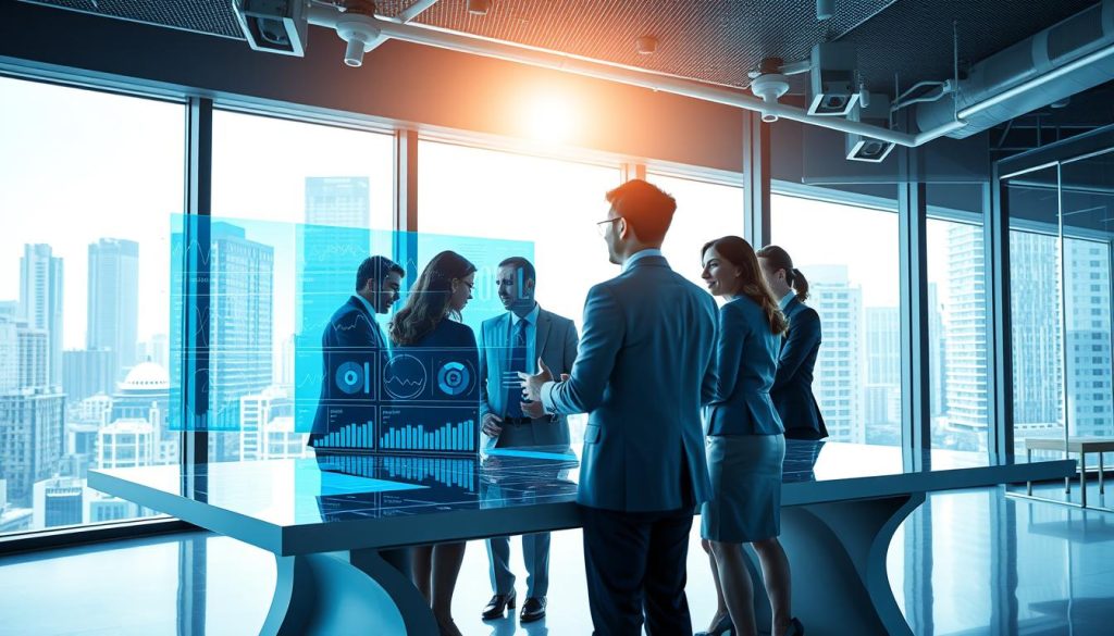 A modern office environment showcasing the integration of AI in financial services. In the foreground, a diverse group of professionals in business attire collaborate around a sleek conference table, analyzing digital charts and graphs projected on a screen. The middle ground features a large futuristic digital interface displaying algorithms and real-time financial data, conveying a sense of high-tech innovation. In the background, bright, natural light streams in through spacious windows, illuminating a city skyline filled with high-rise buildings. The atmosphere is dynamic and focused, evoking a sense of progress and technological advancement. The overall color palette is a blend of blues and whites, emphasizing a clean and professional aesthetic.