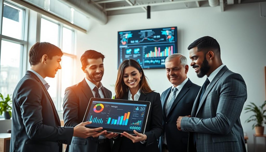 A modern office environment showcasing the integration of AI in marketing. In the foreground, a diverse group of three professionals in smart business attire collaborate around a sleek, digital tablet displaying vibrant graphs and analytics. In the middle ground, a large screen mounted on the wall presents dynamic marketing data driven by AI, with visualizations of consumer trends and engagement metrics. The background features a bright, airy office space with large windows letting in natural light, creating a focused yet dynamic atmosphere. The scene is captured with a wide-angle lens to emphasize collaboration and technology, with soft, warm lighting to convey optimism and innovation. The mood is inspiring and forward-thinking, highlighting the transformative impact of AI on marketing strategies.