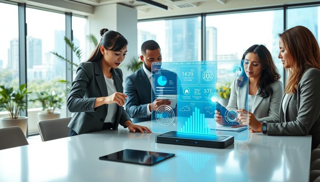 A modern office setting filled with natural light, showcasing a diverse group of professionals collaborating around a sleek conference table. In the foreground, a young Asian woman in smart casual attire is interacting with a holographic interface displaying productivity metrics and AI-driven insights. In the middle ground, a thoughtful Black man in a formal suit reviews data on a tablet, while a Hispanic woman in business attire takes notes beside him. The background features large windows with a cityscape view and greenery, symbolizing growth and innovation. Soft lighting enhances the optimistic atmosphere, suggesting a transformative impact of AI on the workplace. A wide-angle perspective captures the dynamic energy of teamwork and technological advancement. A modern office setting filled with natural light, showcasing a diverse group of professionals collaborating around a sleek conference table. In the foreground, a young Asian woman in smart casual attire is interacting with a holographic interface displaying productivity metrics and AI-driven insights. In the middle ground, a thoughtful Black man in a formal suit reviews data on a tablet, while a Hispanic woman in business attire takes notes beside him. The background features large windows with a cityscape view and greenery, symbolizing growth and innovation. Soft lighting enhances the optimistic atmosphere, suggesting a transformative impact of AI on the workplace. A wide-angle perspective captures the dynamic energy of teamwork and technological advancement.