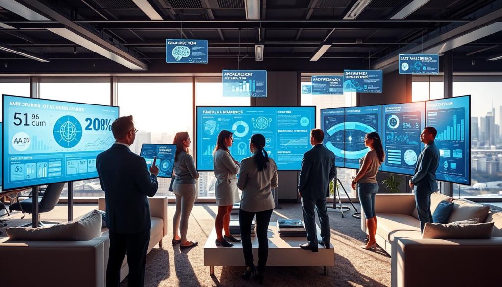 A modern office setting showcasing multiple case studies of AI accuracy. In the foreground, a diverse group of four professionals in business attire examine interactive holographic displays illustrating various AI applications, such as fraud detection, medical diagnostics, and autonomous driving. The middle ground features large digital screens displaying data charts, graphs, and visualizations depicting AI performance metrics, surrounded by sleek modern furniture. In the background, floor-to-ceiling windows reveal a city skyline, with soft natural light filtering in, creating a vibrant yet focused atmosphere. The mood is collaborative and innovative, with a sense of urgency and enthusiasm as the team discusses AI's real-world impact on decision-making and efficiency. Soft shadows enhance the depth, captured from a slightly elevated angle. A modern office setting showcasing multiple case studies of AI accuracy. In the foreground, a diverse group of four professionals in business attire examine interactive holographic displays illustrating various AI applications, such as fraud detection, medical diagnostics, and autonomous driving. The middle ground features large digital screens displaying data charts, graphs, and visualizations depicting AI performance metrics, surrounded by sleek modern furniture. In the background, floor-to-ceiling windows reveal a city skyline, with soft natural light filtering in, creating a vibrant yet focused atmosphere. The mood is collaborative and innovative, with a sense of urgency and enthusiasm as the team discusses AI's real-world impact on decision-making and efficiency. Soft shadows enhance the depth, captured from a slightly elevated angle.