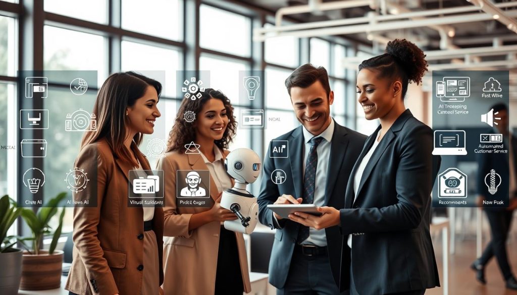 A modern office setting showcasing various weak AI applications. In the foreground, a diverse group of three business professionals, dressed in smart casual attire, are interacting with a sleek AI-powered chatbot on a tablet. In the middle ground, a display of various weak AI tools like virtual assistants, recommendation systems, and automated customer service chatbots. The background features a bright, professional workspace with large windows allowing natural light to filter in, creating a warm atmosphere. Use a slightly elevated angle to capture the scene dynamically, emphasizing collaboration and technology. The mood is optimistic and innovative, highlighting the positive impact of weak AI in everyday business operations. A modern office setting showcasing various weak AI applications. In the foreground, a diverse group of three business professionals, dressed in smart casual attire, are interacting with a sleek AI-powered chatbot on a tablet. In the middle ground, a display of various weak AI tools like virtual assistants, recommendation systems, and automated customer service chatbots. The background features a bright, professional workspace with large windows allowing natural light to filter in, creating a warm atmosphere. Use a slightly elevated angle to capture the scene dynamically, emphasizing collaboration and technology. The mood is optimistic and innovative, highlighting the positive impact of weak AI in everyday business operations.