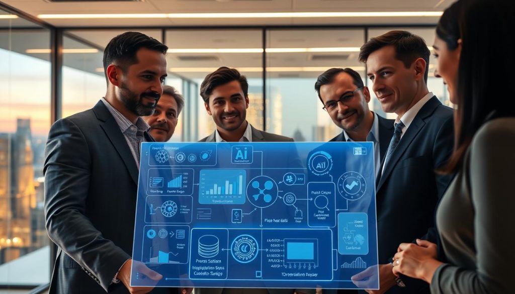 A modern office space illuminated by soft, warm lighting showcasing a high-tech environment. In the foreground, a diverse group of professionals (two men and one woman) in business attire observe an interactive digital screen displaying visualizations of AI decision-making processes—charts, graphs, and flow diagrams. In the middle, the screen glows with a gentle blue light, emphasizing clarity and insight into AI's explainability. In the background, sleek glass walls reveal a city skyline at dusk, adding a sense of sophistication and innovation. The atmosphere is one of collaboration and curiosity, with expressions of engagement and intrigue on the faces of the professionals. The overall composition should inspire a sense of enlightenment and the potential of AI to unveil its workings. A modern office space illuminated by soft, warm lighting showcasing a high-tech environment. In the foreground, a diverse group of professionals (two men and one woman) in business attire observe an interactive digital screen displaying visualizations of AI decision-making processes—charts, graphs, and flow diagrams. In the middle, the screen glows with a gentle blue light, emphasizing clarity and insight into AI's explainability. In the background, sleek glass walls reveal a city skyline at dusk, adding a sense of sophistication and innovation. The atmosphere is one of collaboration and curiosity, with expressions of engagement and intrigue on the faces of the professionals. The overall composition should inspire a sense of enlightenment and the potential of AI to unveil its workings.