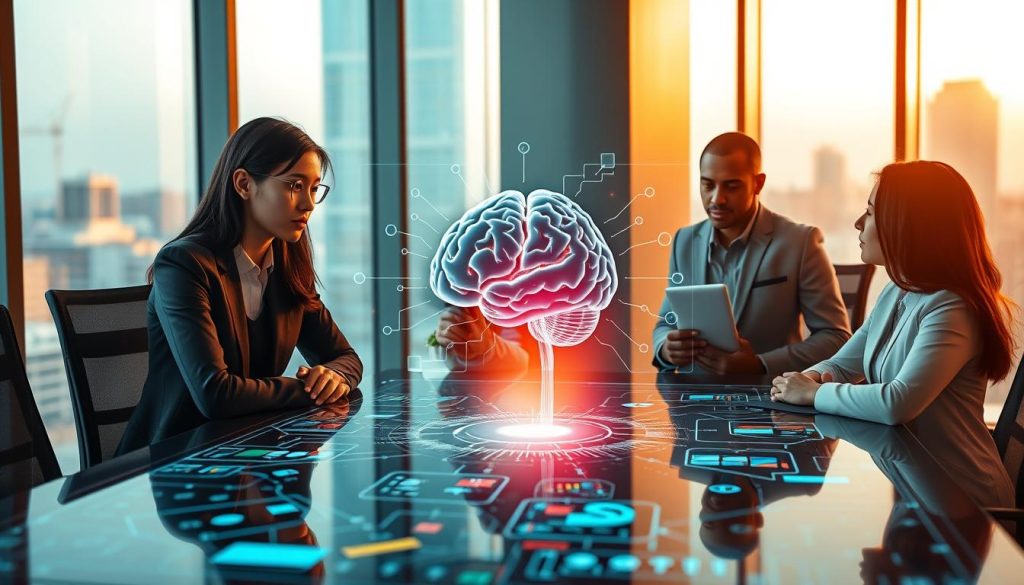A modern office workspace, centered around a sleek, high-tech desk featuring an intricate, transparent screen displaying colorful data visualizations and neural network diagrams. In the foreground, a diverse group of three professionals—one Asian woman, one Black man, and one Hispanic woman—are engaged in thoughtful discussion, dressed in smart business attire, conveying focus and curiosity. In the middle, a holographic image of a brain made of circuits and data flows bursts from the screen, symbolizing the concept of explainable AI. The background showcases a large window with cityscape views, bathed in warm, ambient lighting that lends a sense of innovation and collaboration to the scene. The overall mood is vibrant and inspiring, emphasizing the importance of transparency and understanding in artificial intelligence decision-making. A modern office workspace, centered around a sleek, high-tech desk featuring an intricate, transparent screen displaying colorful data visualizations and neural network diagrams. In the foreground, a diverse group of three professionals—one Asian woman, one Black man, and one Hispanic woman—are engaged in thoughtful discussion, dressed in smart business attire, conveying focus and curiosity. In the middle, a holographic image of a brain made of circuits and data flows bursts from the screen, symbolizing the concept of explainable AI. The background showcases a large window with cityscape views, bathed in warm, ambient lighting that lends a sense of innovation and collaboration to the scene. The overall mood is vibrant and inspiring, emphasizing the importance of transparency and understanding in artificial intelligence decision-making.