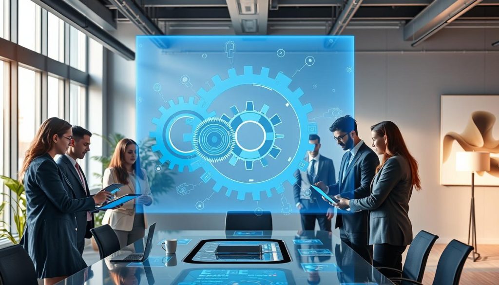 A modern workspace is depicted in the foreground, featuring a diverse group of professionals in business attire, collaborating around a sleek, futuristic table with digital devices displaying data on AI ethics. In the middle ground, a large holographic projection showcases interconnected gears symbolizing harmony between technology and human values, casting a soft, blue glow. The background reveals a minimalistic office design with greenery, large windows allowing natural light to flood in, and abstract art reflecting the theme of responsibility and innovation. The overall atmosphere is hopeful and inspiring, emphasizing the importance of ethical considerations in AI development, with balanced warm and cool lighting to evoke a sense of collaboration and forward-thinking.