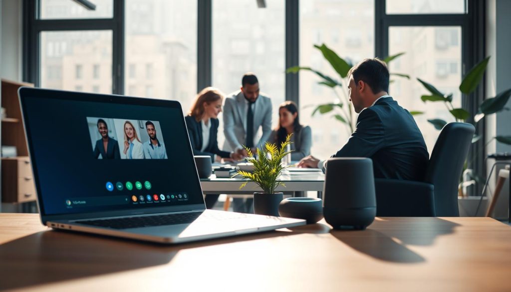 A modern workspace showcasing advanced AI-driven communication tools. In the foreground, a sleek laptop displaying a vibrant video call interface, with diverse professionals in business attire engaged in discussion. The middle ground features a stylish desk filled with high-tech gadgets like smart speakers and virtual assistants, contributing to a seamless communication experience. In the background, large windows allow natural light to flood the room, enhancing the inviting atmosphere. Soft shadows create a warm ambiance, while a fresh green plant nearby signifies innovation and growth. The lens captures the scene from a slight angle, emphasizing both the individuals and the cutting-edge technology that facilitates their interaction, instilling a sense of collaboration and efficiency propelled by AI.