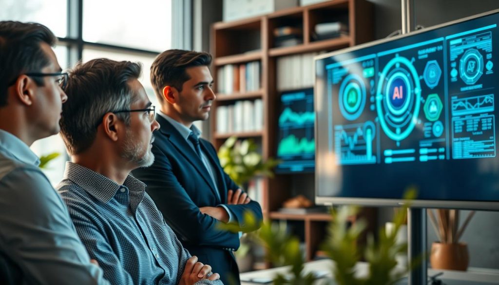 A professional-looking office setting where a diverse group of three people—two men and one woman—are attentively monitoring a large screen displaying complex AI algorithms and data visualizations. The foreground shows the individuals in smart business attire, engaged in discussion, with a sense of focus and collaboration on their faces. The middle ground features the high-tech computer screen glowing with blue and green lights indicating active AI processes. In the background, soft-focus office elements like bookshelves and plants create a modern, intelligent atmosphere. The scene is illuminated by natural light filtering through large windows, casting a warm, productive glow, suggesting vigilance and human oversight in the realm of artificial intelligence. The mood is serious yet optimistic, reflecting the balance between technology and human intuition. A professional-looking office setting where a diverse group of three people—two men and one woman—are attentively monitoring a large screen displaying complex AI algorithms and data visualizations. The foreground shows the individuals in smart business attire, engaged in discussion, with a sense of focus and collaboration on their faces. The middle ground features the high-tech computer screen glowing with blue and green lights indicating active AI processes. In the background, soft-focus office elements like bookshelves and plants create a modern, intelligent atmosphere. The scene is illuminated by natural light filtering through large windows, casting a warm, productive glow, suggesting vigilance and human oversight in the realm of artificial intelligence. The mood is serious yet optimistic, reflecting the balance between technology and human intuition.