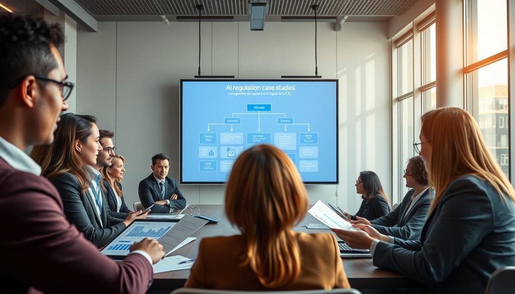 A professional setting depicting "AI Regulation Case Studies" centered in a modern conference room. In the foreground, diverse professionals in formal business attire are engaged in a collaborative discussion, analyzing reports on AI regulation. They are surrounded by charts, graphs, and digital devices showcasing data visualizations. The middle ground features a large presentation screen displaying a flowchart of case studies related to AI regulation in the U.S. In the background, large windows let in soft natural light, creating an inviting atmosphere, indicative of a serious yet optimistic tone regarding future regulations. The perspective is slightly from above, capturing the dynamic interactions and the high-tech ambiance of the environment. A professional setting depicting "AI Regulation Case Studies" centered in a modern conference room. In the foreground, diverse professionals in formal business attire are engaged in a collaborative discussion, analyzing reports on AI regulation. They are surrounded by charts, graphs, and digital devices showcasing data visualizations. The middle ground features a large presentation screen displaying a flowchart of case studies related to AI regulation in the U.S. In the background, large windows let in soft natural light, creating an inviting atmosphere, indicative of a serious yet optimistic tone regarding future regulations. The perspective is slightly from above, capturing the dynamic interactions and the high-tech ambiance of the environment.