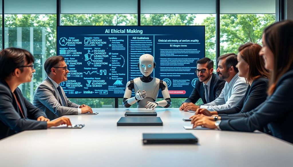 A serene office environment symbolizes ethical AI decision-making. In the foreground, a diverse group of professionals in business attire serious discuss around a sleek, modern conference table. A large digital screen displays complex algorithms and ethical guidelines, casting a soft glow. In the middle, a thoughtful AI humanoid robot interacts with the team, effortlessly bridging human intuition and machine logic, its design sleek and non-threatening. The background features glass walls, with greenery visible outside, symbolizing harmony between technology and nature. Soft, diffused lighting creates a calm atmosphere, while the lens focuses on the human expressions of engagement and contemplation, highlighting the importance of ethics in AI's logical reasoning. The overall mood is optimistic yet reflective, emphasizing responsibility in innovation. A serene office environment symbolizes ethical AI decision-making. In the foreground, a diverse group of professionals in business attire serious discuss around a sleek, modern conference table. A large digital screen displays complex algorithms and ethical guidelines, casting a soft glow. In the middle, a thoughtful AI humanoid robot interacts with the team, effortlessly bridging human intuition and machine logic, its design sleek and non-threatening. The background features glass walls, with greenery visible outside, symbolizing harmony between technology and nature. Soft, diffused lighting creates a calm atmosphere, while the lens focuses on the human expressions of engagement and contemplation, highlighting the importance of ethics in AI's logical reasoning. The overall mood is optimistic yet reflective, emphasizing responsibility in innovation.