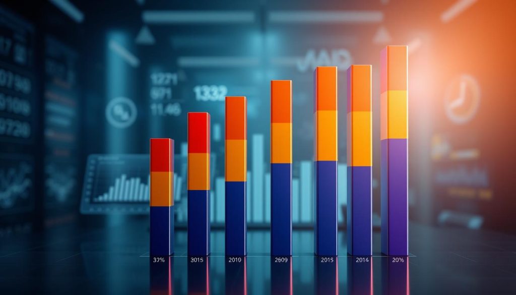 A sleek, modern bar graph depicting the reliability of AI predictions, prominently displayed in the foreground. Each bar is color-coded, representing different categories of AI predictions, with varying heights to illustrate reliability percentages. The bars should have a slightly glossy finish, reflecting a bright, ambient light from above, creating a professional and clean appearance. In the middle ground, subtle data visualizations and numerical indicators can be faintly seen, enhancing the complexity without cluttering the image. The background features a blurred tech-inspired environment, with soft gradients of blue and gray, evoking a futuristic atmosphere. The overall mood should convey clarity and analytical precision, aiming to reassure viewers of the reliability and importance of AI in decision-making. No text or labels should be present. A sleek, modern bar graph depicting the reliability of AI predictions, prominently displayed in the foreground. Each bar is color-coded, representing different categories of AI predictions, with varying heights to illustrate reliability percentages. The bars should have a slightly glossy finish, reflecting a bright, ambient light from above, creating a professional and clean appearance. In the middle ground, subtle data visualizations and numerical indicators can be faintly seen, enhancing the complexity without cluttering the image. The background features a blurred tech-inspired environment, with soft gradients of blue and gray, evoking a futuristic atmosphere. The overall mood should convey clarity and analytical precision, aiming to reassure viewers of the reliability and importance of AI in decision-making. No text or labels should be present.