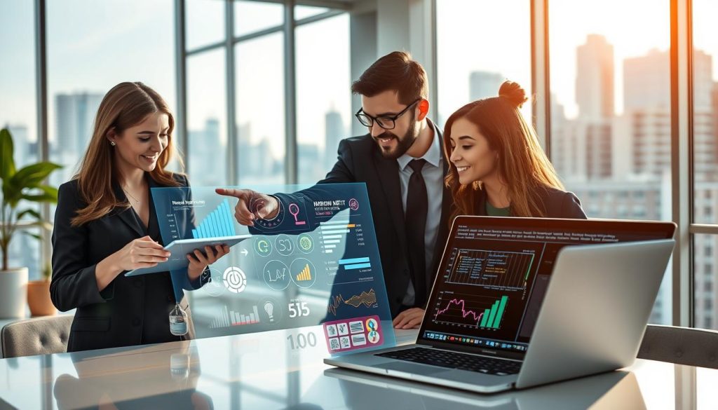 A sleek, modern workspace featuring a diverse group of three professionals engaged in a collaborative project. In the foreground, a focused woman in professional attire analyzes data on a digital tablet, while a man beside her points at a holographic display showcasing the efficiency metrics of narrow AI systems, illustrated through vibrant infographics. In the middle ground, an open laptop displays complex algorithms and charts, emphasizing the technological aspect of narrow AI. The background reveals large windows with city skyline views, complemented by soft, natural lighting that creates a bright and optimistic atmosphere. The overall mood is one of innovation and teamwork, capturing the benefits and potential of narrow AI in real-world applications. A sleek, modern workspace featuring a diverse group of three professionals engaged in a collaborative project. In the foreground, a focused woman in professional attire analyzes data on a digital tablet, while a man beside her points at a holographic display showcasing the efficiency metrics of narrow AI systems, illustrated through vibrant infographics. In the middle ground, an open laptop displays complex algorithms and charts, emphasizing the technological aspect of narrow AI. The background reveals large windows with city skyline views, complemented by soft, natural lighting that creates a bright and optimistic atmosphere. The overall mood is one of innovation and teamwork, capturing the benefits and potential of narrow AI in real-world applications.