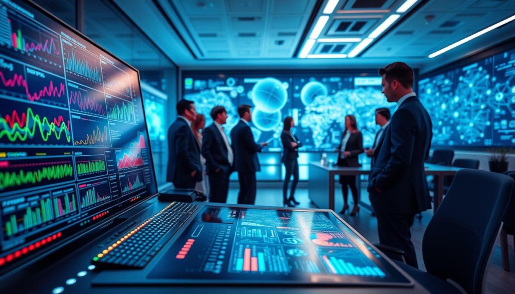 A sophisticated visualization of data processing for AI models set in a modern, high-tech environment. In the foreground, a sleek computer terminal displays colorful graphs, data charts, and algorithm projections, with luminous LED lights creating a vibrant atmosphere. The middle ground showcases a diverse group of professionals in business attire, engaged in collaborative discussions over a digital tablet filled with data visualizations. The background captures a futuristic office space with large screens displaying flowing data streams and intricate neural network diagrams. Soft, diffused lighting enhances the professional mood, while a cool color palette emphasizes innovation and technology. The camera angle is slightly elevated, providing a panoramic view of the scene, making it dynamic and inspiring for readers exploring AI data types. A sophisticated visualization of data processing for AI models set in a modern, high-tech environment. In the foreground, a sleek computer terminal displays colorful graphs, data charts, and algorithm projections, with luminous LED lights creating a vibrant atmosphere. The middle ground showcases a diverse group of professionals in business attire, engaged in collaborative discussions over a digital tablet filled with data visualizations. The background captures a futuristic office space with large screens displaying flowing data streams and intricate neural network diagrams. Soft, diffused lighting enhances the professional mood, while a cool color palette emphasizes innovation and technology. The camera angle is slightly elevated, providing a panoramic view of the scene, making it dynamic and inspiring for readers exploring AI data types.