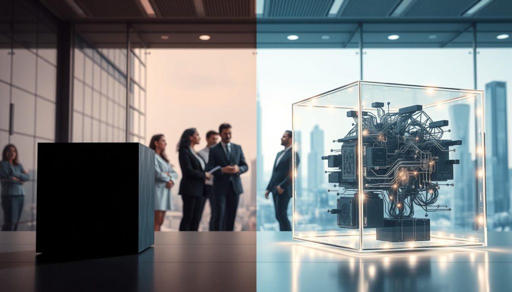 A split scene contrasting Black-Box AI and Explainable AI in a high-tech setting. In the foreground, a sleek, opaque black box symbolizes Black-Box AI, casting a shadow. Beside it, a transparent, glowing cube illustrates Explainable AI, with intricate algorithms and data flow visible. The middle ground features a diverse group of professionals in business attire, engaged in a thoughtful discussion about AI technologies, with expressions of curiosity and intrigue. The background showcases a futuristic cityscape, hinting at the broader impact of AI. Soft, diffused lighting emphasizes the contrasting elements, while a cool color palette evokes a sense of innovation and ethics. The camera angle is slightly elevated, capturing the complexity and importance of the discussion. A split scene contrasting Black-Box AI and Explainable AI in a high-tech setting. In the foreground, a sleek, opaque black box symbolizes Black-Box AI, casting a shadow. Beside it, a transparent, glowing cube illustrates Explainable AI, with intricate algorithms and data flow visible. The middle ground features a diverse group of professionals in business attire, engaged in a thoughtful discussion about AI technologies, with expressions of curiosity and intrigue. The background showcases a futuristic cityscape, hinting at the broader impact of AI. Soft, diffused lighting emphasizes the contrasting elements, while a cool color palette evokes a sense of innovation and ethics. The camera angle is slightly elevated, capturing the complexity and importance of the discussion.