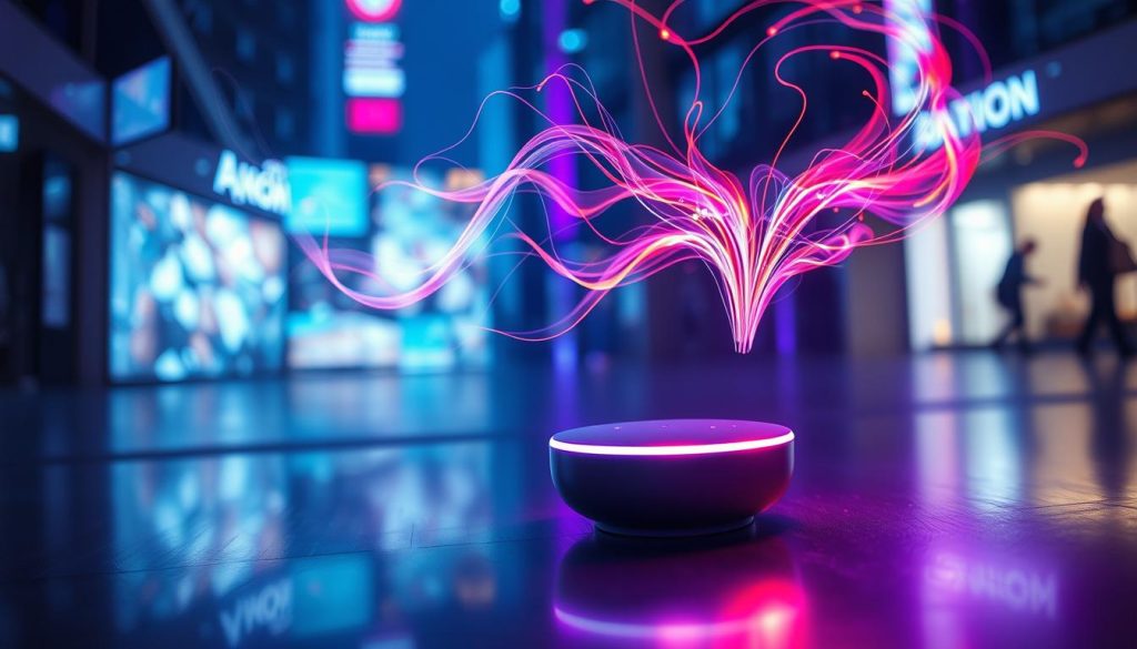 A surreal interpretation of "AI Hallucinations in Voice Assistants." In the foreground, a futuristic, sleek voice assistant device emits glowing, wispy trails of vibrant colors, representing abstract ideas and digital thoughts. The middle ground features a stylistic depiction of fragmented digital screens displaying distorted visuals, hinting at misinterpretations and glitches from AI systems. In the background, a soft-focus urban environment bathed in cool blue and purple lighting creates a sense of modernity and technology. The image should have an ethereal, dreamlike quality, with light emanating from the device casting gentle reflections, enhancing the mystical atmosphere. The composition should be dynamic yet balanced, inviting viewers to ponder the complexities of AI perception. A surreal interpretation of "AI Hallucinations in Voice Assistants." In the foreground, a futuristic, sleek voice assistant device emits glowing, wispy trails of vibrant colors, representing abstract ideas and digital thoughts. The middle ground features a stylistic depiction of fragmented digital screens displaying distorted visuals, hinting at misinterpretations and glitches from AI systems. In the background, a soft-focus urban environment bathed in cool blue and purple lighting creates a sense of modernity and technology. The image should have an ethereal, dreamlike quality, with light emanating from the device casting gentle reflections, enhancing the mystical atmosphere. The composition should be dynamic yet balanced, inviting viewers to ponder the complexities of AI perception.