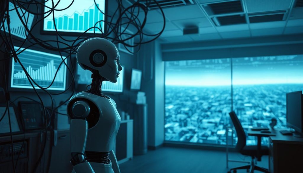 A surreal representation of AI decision-making flaws, featuring a humanoid robot standing in a cluttered office environment. In the foreground, the robot gazes perplexed at a web of tangled wires and flickering screens displaying incomprehensible data. The middle layer reveals charts and graphs with misleading trends, casting shadows that suggest uncertainty and confusion. The background showcases an abstract digital landscape, filled with fragmented code that hints at opacity in AI processes. Soft, moody lighting creates an atmosphere of tension and contemplation, with a slight blue tint reflecting a clinical feel. The robot is dressed in smart, professional business attire, emphasizing the juxtaposition of technology and human oversight. The overall composition evokes a sense of intrigue and concern about the interpretability and transparency of AI systems. A surreal representation of AI decision-making flaws, featuring a humanoid robot standing in a cluttered office environment. In the foreground, the robot gazes perplexed at a web of tangled wires and flickering screens displaying incomprehensible data. The middle layer reveals charts and graphs with misleading trends, casting shadows that suggest uncertainty and confusion. The background showcases an abstract digital landscape, filled with fragmented code that hints at opacity in AI processes. Soft, moody lighting creates an atmosphere of tension and contemplation, with a slight blue tint reflecting a clinical feel. The robot is dressed in smart, professional business attire, emphasizing the juxtaposition of technology and human oversight. The overall composition evokes a sense of intrigue and concern about the interpretability and transparency of AI systems.