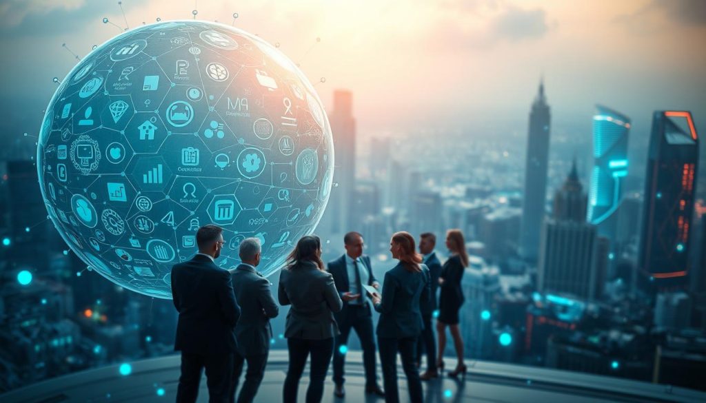 A surreal representation of "Integration Challenges of AI" showing a chaotic digital landscape. In the foreground, a large, fragmented, transparent globe symbolizes the lack of interoperability, filled with icons and logos representing various AI technologies. In the middle ground, a team of diverse professionals in business attire are collaborating, surrounded by holographic data streams that connect but fail to fully integrate. In the background, a cityscape of futuristic buildings fades into a foggy digital void, emphasizing the obstacles in seamless AI integration. Soft, glowing blue and green lighting casts a tech-inspired atmosphere, while a shallow depth of field focuses on the professionals, creating a sense of urgency and determination against the backdrop of complexity. A surreal representation of "Integration Challenges of AI" showing a chaotic digital landscape. In the foreground, a large, fragmented, transparent globe symbolizes the lack of interoperability, filled with icons and logos representing various AI technologies. In the middle ground, a team of diverse professionals in business attire are collaborating, surrounded by holographic data streams that connect but fail to fully integrate. In the background, a cityscape of futuristic buildings fades into a foggy digital void, emphasizing the obstacles in seamless AI integration. Soft, glowing blue and green lighting casts a tech-inspired atmosphere, while a shallow depth of field focuses on the professionals, creating a sense of urgency and determination against the backdrop of complexity.
