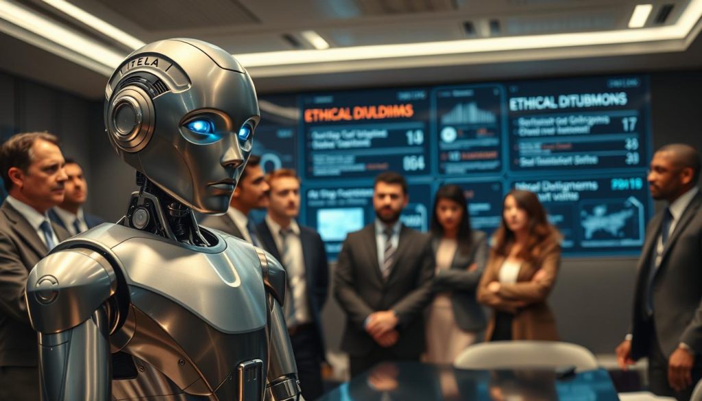 A thought-provoking scene depicting the ethical implications of conscious AI. In the foreground, a humanoid robot, designed with a sleek, metallic finish and expressive LED eyes, stands pensively, showing signs of emotional depth. In the middle ground, a group of diverse professionals in business attire engages in a heated discussion, their expressions reflecting concern and curiosity. The background features a high-tech conference room with futuristic screens displaying data and ethical dilemmas. Soft, dramatic lighting highlights the contrast between the warm human expressions and the cool, clinical robot design. The atmosphere is tense yet contemplative, inviting viewers to reflect on the complexities of AI consciousness.
