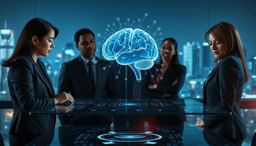 A thoughtful representation of "AI Ethical Decision-Making." In the foreground, a diverse group of professionals in business attire, including a woman of Asian descent, a Black man, and a Caucasian woman, are engaged in a deep discussion around a transparent digital table displaying intricate AI algorithms and ethical dilemmas. In the middle ground, a holographic brain full of data streams symbolizes AI's complexity and moral implications. The background features a futuristic city skyline bathed in soft blue and green lights, conveying a sense of technological advancement intertwined with ethical considerations. The overall mood is serious and contemplative, with dramatic lighting casting shadows that highlight the tension between progress and ethics. A slight lens flare enhances the scene, adding to its modern appeal. A thoughtful representation of "AI Ethical Decision-Making." In the foreground, a diverse group of professionals in business attire, including a woman of Asian descent, a Black man, and a Caucasian woman, are engaged in a deep discussion around a transparent digital table displaying intricate AI algorithms and ethical dilemmas. In the middle ground, a holographic brain full of data streams symbolizes AI's complexity and moral implications. The background features a futuristic city skyline bathed in soft blue and green lights, conveying a sense of technological advancement intertwined with ethical considerations. The overall mood is serious and contemplative, with dramatic lighting casting shadows that highlight the tension between progress and ethics. A slight lens flare enhances the scene, adding to its modern appeal.