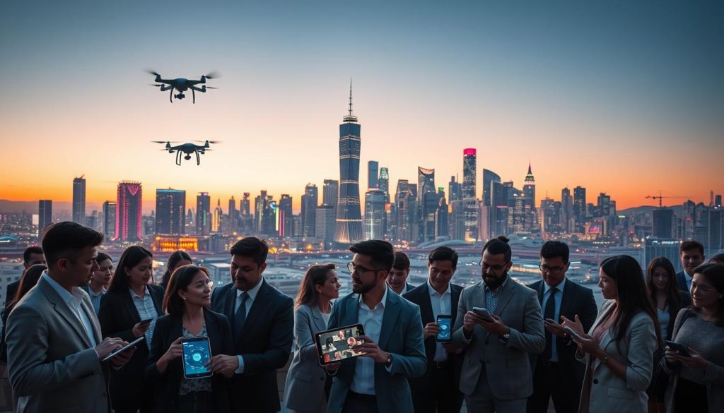 A vibrant cityscape at dusk, showcasing the positive and negative impacts of AI on society. In the foreground, a diverse group of professionals in business attire, engaged in animated discussions about technology, holding devices that display AI interfaces. The middle ground features a harmonious blend of AI advancements like autonomous vehicles and drones, while contrasting with scenes of social challenges, such as individuals isolated from technology. In the background, the skyline is illuminated with neon accents reflecting innovation, paired with a fading sunset that adds warmth to the scene. Soft, ambient lighting enhances the dynamic atmosphere, capturing both optimism and caution. Use a wide-angle lens to capture depth and a sense of community, focusing on the juxtaposition of progress and its societal effects.
