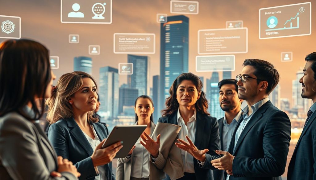 A vibrant, thought-provoking scene illustrating "Public Perception of AI Safety." In the foreground, a diverse group of individuals in professional business attire engages in animated discussions, conveying curiosity and concern. A middle-aged woman holds a tablet showing AI-related data, while a young man gestures thoughtfully. In the background, an abstract cityscape represents technological advancement, adorned with floating digital screens displaying safety icons and public opinions. Soft, ambient lighting casts a warm glow over the scene, emphasizing the seriousness of the topic. The angle is slightly elevated, providing a panoramic view that captures both the individuals and the cityscape, creating an atmosphere of collective contemplation about the future of AI safety.