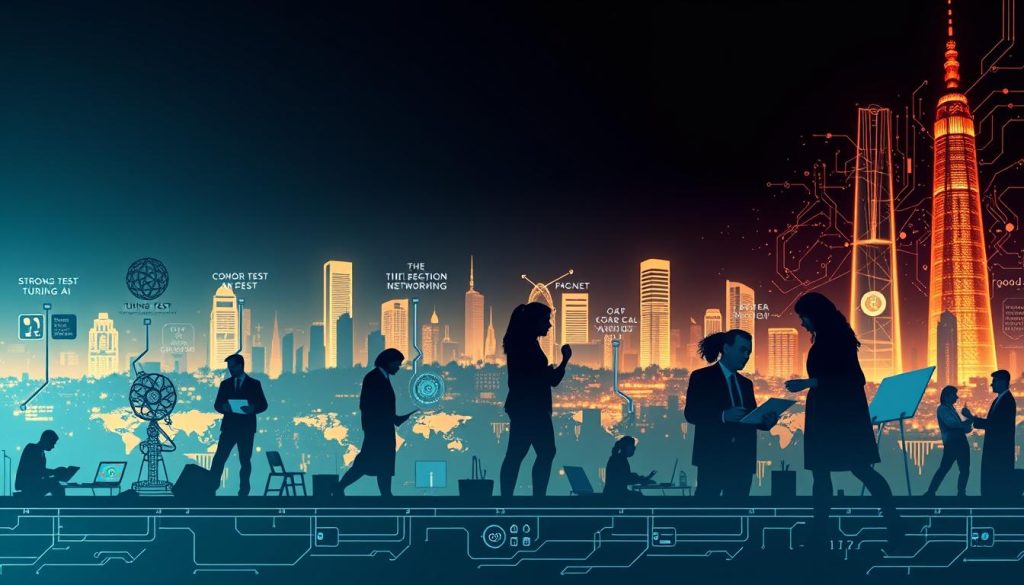 A visually captivating timeline showcasing key milestones in the history of Strong AI development. In the foreground, illustrated icons representing pivotal moments like the Turing Test, the invention of neural networks, and breakthroughs in machine learning. In the middle ground, silhouettes of diverse researchers in professional attire—men and women—collaborating over laptops and whiteboards, symbolizing innovation and teamwork. The background features a futuristic city skyline, intertwined with digital elements like binary codes and circuit patterns, glowing softly. Soft, warm lighting illuminates the scene, creating an inspiring and forward-looking atmosphere. The perspective is slightly elevated, offering a dynamic view of this progression, emphasizing the journey of Strong AI through history without any text or overlays. A visually captivating timeline showcasing key milestones in the history of Strong AI development. In the foreground, illustrated icons representing pivotal moments like the Turing Test, the invention of neural networks, and breakthroughs in machine learning. In the middle ground, silhouettes of diverse researchers in professional attire—men and women—collaborating over laptops and whiteboards, symbolizing innovation and teamwork. The background features a futuristic city skyline, intertwined with digital elements like binary codes and circuit patterns, glowing softly. Soft, warm lighting illuminates the scene, creating an inspiring and forward-looking atmosphere. The perspective is slightly elevated, offering a dynamic view of this progression, emphasizing the journey of Strong AI through history without any text or overlays.