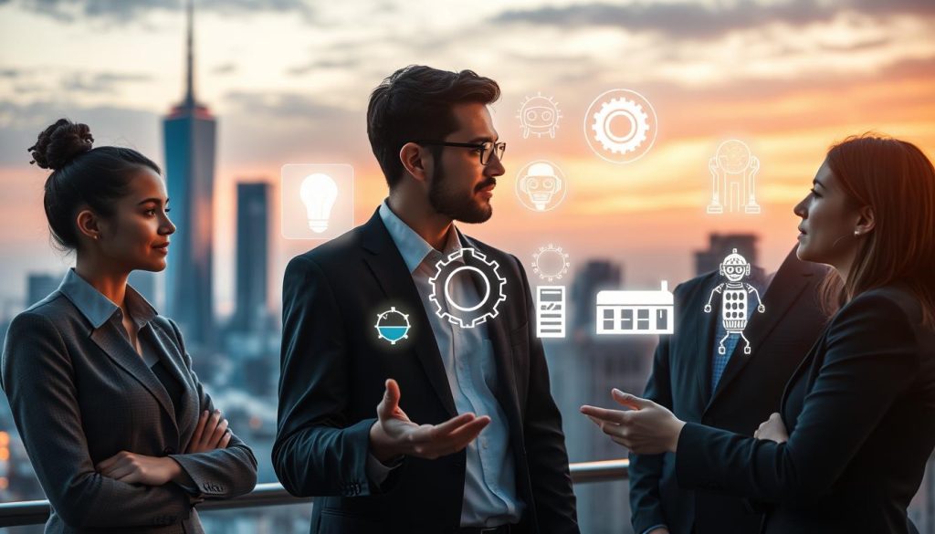 A visually striking and thought-provoking image illustrating common myths about AI, designed for an article section on public perception of AI advancements. The foreground features a diverse group of three people in professional business attire, engaged in a discussion. One person gestures animatedly, while the others listen thoughtfully. In the middle ground, various symbols representing AI myths, such as robots taking over jobs, AI as sentient beings, and AI causing mass unemployment, are artistically illustrated as ethereal, glowing icons. The background shows a modern city skyline, bathed in soft, warm lighting during twilight, creating an optimistic atmosphere. The angle is slightly elevated, capturing both the human interaction and the mythical representations vividly. The overall mood is contemplative yet hopeful, emphasizing the nuanced dialogue surrounding AI's future. A visually striking and thought-provoking image illustrating common myths about AI, designed for an article section on public perception of AI advancements. The foreground features a diverse group of three people in professional business attire, engaged in a discussion. One person gestures animatedly, while the others listen thoughtfully. In the middle ground, various symbols representing AI myths, such as robots taking over jobs, AI as sentient beings, and AI causing mass unemployment, are artistically illustrated as ethereal, glowing icons. The background shows a modern city skyline, bathed in soft, warm lighting during twilight, creating an optimistic atmosphere. The angle is slightly elevated, capturing both the human interaction and the mythical representations vividly. The overall mood is contemplative yet hopeful, emphasizing the nuanced dialogue surrounding AI's future.