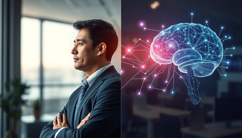 A visually striking comparison of AI and human reasoning, featuring a human figure in professional business attire on the left side, engaged in thought with a contemplative expression and hands clasped. On the right, a sleek, futuristic AI construct, resembling a digital brain composed of glowing circuitry and neural networks, radiating analytical energy. The middle ground showcases intertwining paths of light representing logical thought processes flowing between the two figures. The background features a blurred, modern office environment with soft ambient lighting, enhancing the theme of collaboration between human intuition and artificial intelligence. The mood is contemplative and insightful, inviting viewers to reflect on the interplay of human and AI reasoning. A visually striking comparison of AI and human reasoning, featuring a human figure in professional business attire on the left side, engaged in thought with a contemplative expression and hands clasped. On the right, a sleek, futuristic AI construct, resembling a digital brain composed of glowing circuitry and neural networks, radiating analytical energy. The middle ground showcases intertwining paths of light representing logical thought processes flowing between the two figures. The background features a blurred, modern office environment with soft ambient lighting, enhancing the theme of collaboration between human intuition and artificial intelligence. The mood is contemplative and insightful, inviting viewers to reflect on the interplay of human and AI reasoning.
