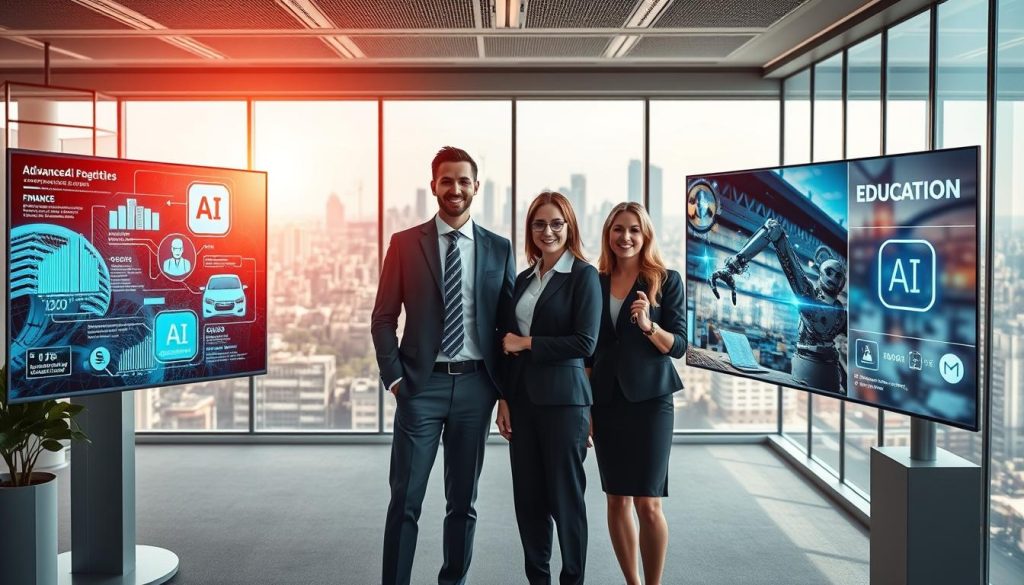 A visually striking depiction of "AI applications in different domains" featuring a vibrant and futuristic office space as the foreground. In the center, a diverse group of four professionals—two men and two women—dressed in smart business attire, are engaging with advanced AI technology displayed on sleek, high-tech screens showcasing various AI applications: healthcare, finance, agriculture, and education. The middle-ground features graphical representations of data analysis, autonomous vehicles, and robotic arms in action. The background is a panoramic city skyline, symbolizing innovation. Bright, natural lighting filters through large windows, creating a dynamic and optimistic atmosphere. Capture this scene from a slightly elevated angle, emphasizing the interaction between people and AI technology, evoking a sense of collaboration and progress. A visually striking depiction of "AI applications in different domains" featuring a vibrant and futuristic office space as the foreground. In the center, a diverse group of four professionals—two men and two women—dressed in smart business attire, are engaging with advanced AI technology displayed on sleek, high-tech screens showcasing various AI applications: healthcare, finance, agriculture, and education. The middle-ground features graphical representations of data analysis, autonomous vehicles, and robotic arms in action. The background is a panoramic city skyline, symbolizing innovation. Bright, natural lighting filters through large windows, creating a dynamic and optimistic atmosphere. Capture this scene from a slightly elevated angle, emphasizing the interaction between people and AI technology, evoking a sense of collaboration and progress.