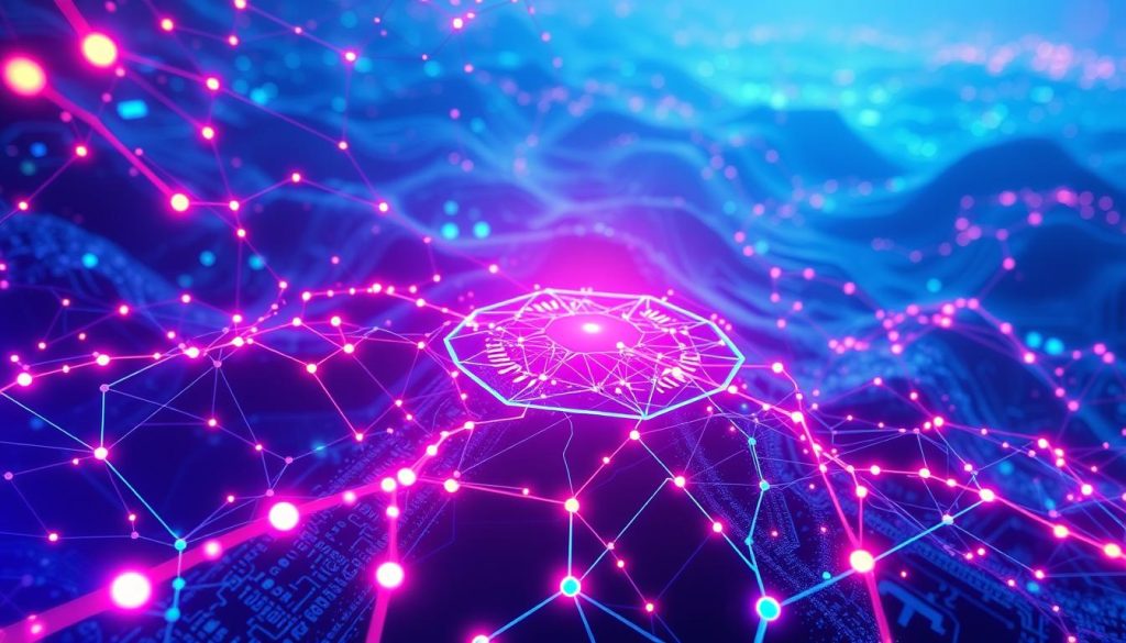 A visually striking illustration of a neural network, intricately designed with vibrant, interconnected nodes and layers symbolizing deep learning's complexity. In the foreground, highlight glowing neural connections, with pulsing data flows in neon colors, showcasing the dynamic nature of AI. The middle layer features abstract representations of algorithms and data processing, flowing seamlessly into a background of a digital landscape, filled with circuit patterns and soft gradients in blues and purples, evoking a sense of innovation and depth. Use soft lighting to create a futuristic atmosphere, with a slight lens flare effect to emphasize the neural activity. The angle should give a three-dimensional perspective. The overall mood is one of progress and exploration in the field of AI. A visually striking illustration of a neural network, intricately designed with vibrant, interconnected nodes and layers symbolizing deep learning's complexity. In the foreground, highlight glowing neural connections, with pulsing data flows in neon colors, showcasing the dynamic nature of AI. The middle layer features abstract representations of algorithms and data processing, flowing seamlessly into a background of a digital landscape, filled with circuit patterns and soft gradients in blues and purples, evoking a sense of innovation and depth. Use soft lighting to create a futuristic atmosphere, with a slight lens flare effect to emphasize the neural activity. The angle should give a three-dimensional perspective. The overall mood is one of progress and exploration in the field of AI.