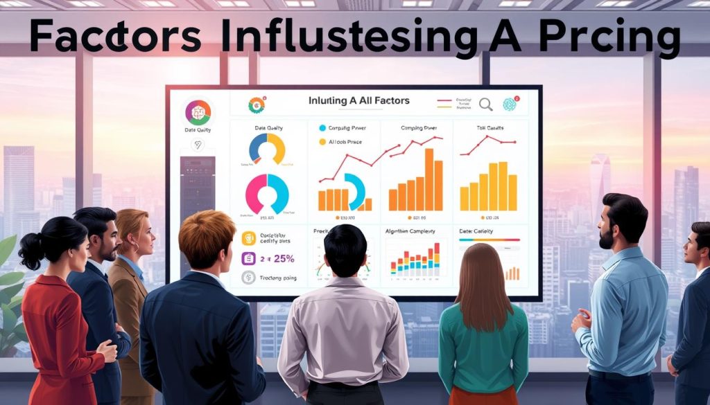 A visually striking infographic-style illustration depicting "Factors Influencing AI Pricing." In the foreground, a group of diverse professionals in business attire are engaged in discussion around a large touchscreen display showing graphs and icons representing various factors like data quality, computing power, and algorithm complexity. The middle layer includes colorful pie charts and line graphs that represent the costs associated with each factor, interspersed with relevant icons like server racks, data clouds, and coding symbols. The background features a high-tech office environment with soft, ambient lighting and a large window showcasing a futuristic cityscape, enhancing a mood of innovation and collaboration. The scene is captured from a slightly elevated angle to provide a comprehensive view of the discussion and data visualization. A visually striking infographic-style illustration depicting "Factors Influencing AI Pricing." In the foreground, a group of diverse professionals in business attire are engaged in discussion around a large touchscreen display showing graphs and icons representing various factors like data quality, computing power, and algorithm complexity. The middle layer includes colorful pie charts and line graphs that represent the costs associated with each factor, interspersed with relevant icons like server racks, data clouds, and coding symbols. The background features a high-tech office environment with soft, ambient lighting and a large window showcasing a futuristic cityscape, enhancing a mood of innovation and collaboration. The scene is captured from a slightly elevated angle to provide a comprehensive view of the discussion and data visualization.