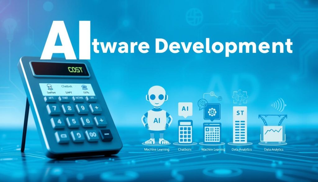 A visually striking infographic-style image showcasing various AI software development costs. In the foreground, include a sleek, modern calculator with digital display screens showing price ranges for different AI solutions. In the middle, feature stylized representations of various AI applications like chatbots, machine learning, and data analytics, each with a price tag next to them. The background should present a subtle gradient of blue tones, symbolizing technology and innovation, with faint circuit board patterns to enhance the tech feel. Use soft, diffused lighting to create an inviting atmosphere, with minimal shadows. The composition should be organized and visually appealing, conveying a sense of professionalism and clarity. A visually striking infographic-style image showcasing various AI software development costs. In the foreground, include a sleek, modern calculator with digital display screens showing price ranges for different AI solutions. In the middle, feature stylized representations of various AI applications like chatbots, machine learning, and data analytics, each with a price tag next to them. The background should present a subtle gradient of blue tones, symbolizing technology and innovation, with faint circuit board patterns to enhance the tech feel. Use soft, diffused lighting to create an inviting atmosphere, with minimal shadows. The composition should be organized and visually appealing, conveying a sense of professionalism and clarity.