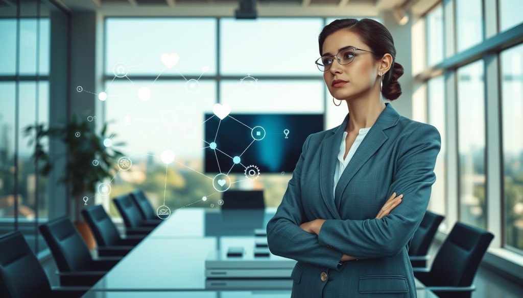 A visually striking representation of "AI ethical principles" in a professional setting. In the foreground, a thoughtful businesswoman in professional attire stands confidently, gazing at a holographic display depicting interconnected nodes and ethical symbols like scales, hearts, and gears. In the middle ground, a sleek conference table with digital devices symbolizes collaboration. The background showcases a modern office with large windows allowing soft natural light to flood the room, creating an atmosphere of innovation and clarity. The color palette combines soothing blues and greens, evoking a sense of responsibility and transparency. The angle is slightly elevated, capturing the interaction and importance of ethical considerations in AI development, reflecting a mood of optimism and seriousness in navigating the future of technology. A visually striking representation of "AI ethical principles" in a professional setting. In the foreground, a thoughtful businesswoman in professional attire stands confidently, gazing at a holographic display depicting interconnected nodes and ethical symbols like scales, hearts, and gears. In the middle ground, a sleek conference table with digital devices symbolizes collaboration. The background showcases a modern office with large windows allowing soft natural light to flood the room, creating an atmosphere of innovation and clarity. The color palette combines soothing blues and greens, evoking a sense of responsibility and transparency. The angle is slightly elevated, capturing the interaction and importance of ethical considerations in AI development, reflecting a mood of optimism and seriousness in navigating the future of technology.