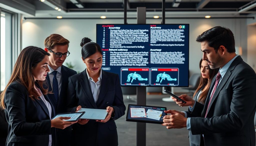 A visually striking representation of "AI-generated content accuracy". In the foreground, a diverse group of professionals in smart business attire, engaged in a collaborative discussion over digital devices displaying various AI-generated outputs. Their expressions reflect curiosity and critical thinking. In the middle ground, a large screen showcases a series of data visualizations and side-by-side comparisons of AI-generated text, highlighting discrepancies and accuracy with vivid colors and clear graphics. The background features a modern office environment with soft, ambient lighting that conveys a sense of innovation and focus. The overall atmosphere is one of exploration and analytical insight, emphasizing the importance of accuracy in AI outputs without any distracting elements.