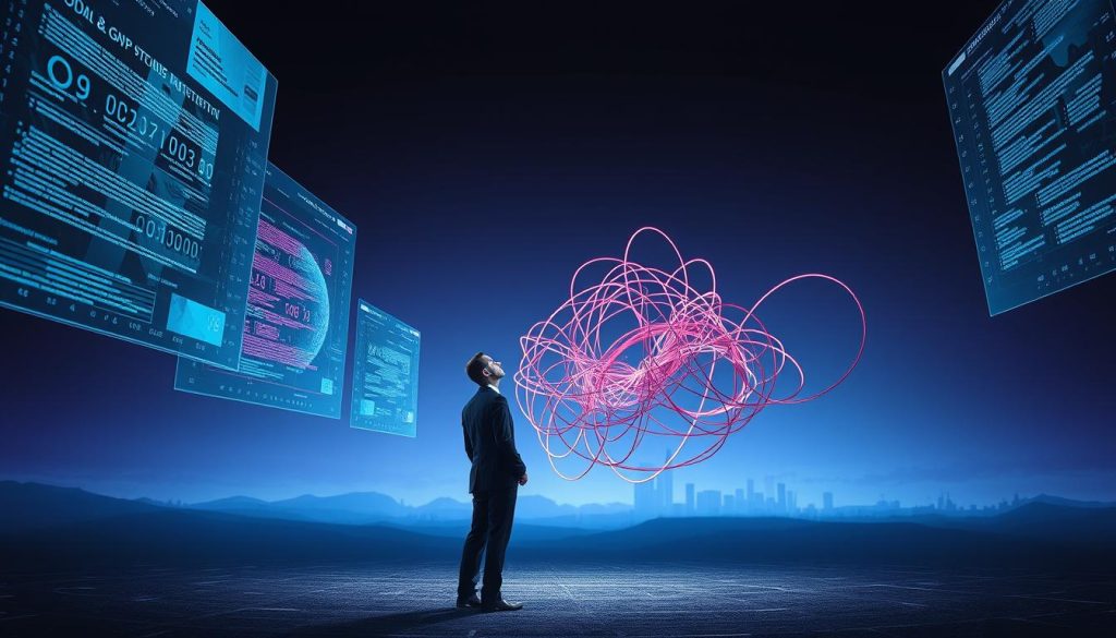 A visually striking representation of AI model biases, featuring a surreal scene where a humanoid figure in professional business attire stands in the foreground, gazing thoughtfully at a series of overlapping, fragmented digital screens displaying distorted data and algorithmic patterns. In the middle ground, abstract representations of biased algorithms, depicted as tangled, colorful wires, intertwine and clash, symbolizing conflicting AI logic. The background is a dark, futuristic landscape with faint silhouettes of skyscrapers and a digital horizon, illuminated by soft, eerie blue and purple lighting, creating a contemplative atmosphere. The camera angle is slightly tilted upward, suggesting an exploration of the complexities of AI logic, and the overall mood is introspective and thought-provoking, inviting viewers to consider the impact of biases in AI. A visually striking representation of AI model biases, featuring a surreal scene where a humanoid figure in professional business attire stands in the foreground, gazing thoughtfully at a series of overlapping, fragmented digital screens displaying distorted data and algorithmic patterns. In the middle ground, abstract representations of biased algorithms, depicted as tangled, colorful wires, intertwine and clash, symbolizing conflicting AI logic. The background is a dark, futuristic landscape with faint silhouettes of skyscrapers and a digital horizon, illuminated by soft, eerie blue and purple lighting, creating a contemplative atmosphere. The camera angle is slightly tilted upward, suggesting an exploration of the complexities of AI logic, and the overall mood is introspective and thought-provoking, inviting viewers to consider the impact of biases in AI.