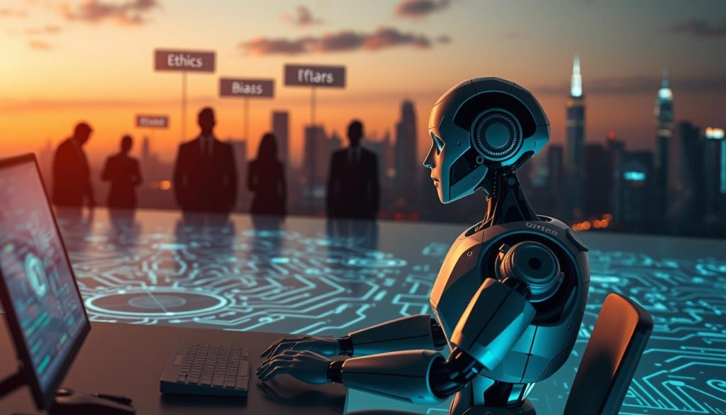 A visually striking representation of "Challenges and Ethical Risks in AI Self-Improvement." In the foreground, a humanoid robot with a geometric, metallic design sits thoughtfully at a modern workstation, surrounded by intricate circuit patterns and holographic data displays. In the middle ground, a contrasting environment showcases shadowy figures representing societal concerns—ethics, bias, and accountability—looming ominously. The background features a city skyline, hinting at technological advancement and progress, bathed in a twilight glow that symbolizes uncertainty and contemplation. Soft, ambient lighting illuminates the scene, highlighting the robot's features while casting deep shadows, creating a mood of tension and reflection, symbolizing the duality of innovation and its ethical implications.