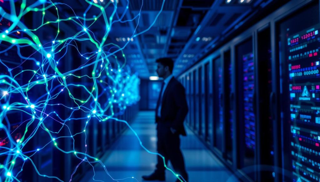 A visually striking representation of "Data Dependency in AI." In the foreground, an intricate network of intertwining data streams resembling glowing, digital vines. Each line pulsates with vibrant colors—blue, green, and purple—symbolizing diverse sources of data. In the middle ground, an abstract silhouette of a human figure, dressed in professional business attire, gazing intently at the data streams, conveying a sense of contemplation and concern. The background features a blurred landscape of servers and data centers, softly illuminated by cool, ambient lighting, emphasizing a high-tech environment. The overall mood is thought-provoking and slightly ominous, reflecting the complexities and limitations of AI reliant on its data. The image is shot from a slightly elevated angle, creating a sense of depth and engagement with the viewer. A visually striking representation of "Data Dependency in AI." In the foreground, an intricate network of intertwining data streams resembling glowing, digital vines. Each line pulsates with vibrant colors—blue, green, and purple—symbolizing diverse sources of data. In the middle ground, an abstract silhouette of a human figure, dressed in professional business attire, gazing intently at the data streams, conveying a sense of contemplation and concern. The background features a blurred landscape of servers and data centers, softly illuminated by cool, ambient lighting, emphasizing a high-tech environment. The overall mood is thought-provoking and slightly ominous, reflecting the complexities and limitations of AI reliant on its data. The image is shot from a slightly elevated angle, creating a sense of depth and engagement with the viewer.