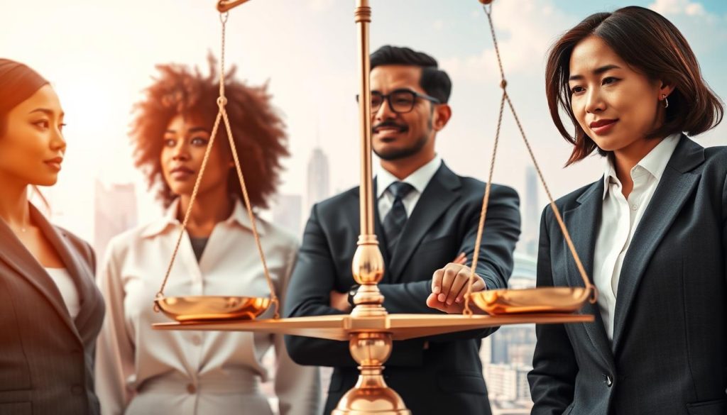 A visually striking representation of "Fairness in AI," featuring a balanced scale held by a diverse group of three professionals in business attire: a Black woman, a Hispanic man, and an Asian woman. The foreground shows them intently focused on the scale, symbolizing equity and justice in technology. In the middle ground, a futuristic cityscape represents advanced AI technology, with digital binary patterns subtly integrated into the skyline, glowing softly. The background displays a bright, optimistic sky, illustrating hope for a fair future. Use warm, inviting lighting to create a positive atmosphere, emphasizing inclusivity and collaboration. The angle should be slightly elevated, capturing the group in unison, while fostering a strong sense of unity and purpose in addressing AI bias and discrimination. A visually striking representation of "Fairness in AI," featuring a balanced scale held by a diverse group of three professionals in business attire: a Black woman, a Hispanic man, and an Asian woman. The foreground shows them intently focused on the scale, symbolizing equity and justice in technology. In the middle ground, a futuristic cityscape represents advanced AI technology, with digital binary patterns subtly integrated into the skyline, glowing softly. The background displays a bright, optimistic sky, illustrating hope for a fair future. Use warm, inviting lighting to create a positive atmosphere, emphasizing inclusivity and collaboration. The angle should be slightly elevated, capturing the group in unison, while fostering a strong sense of unity and purpose in addressing AI bias and discrimination.