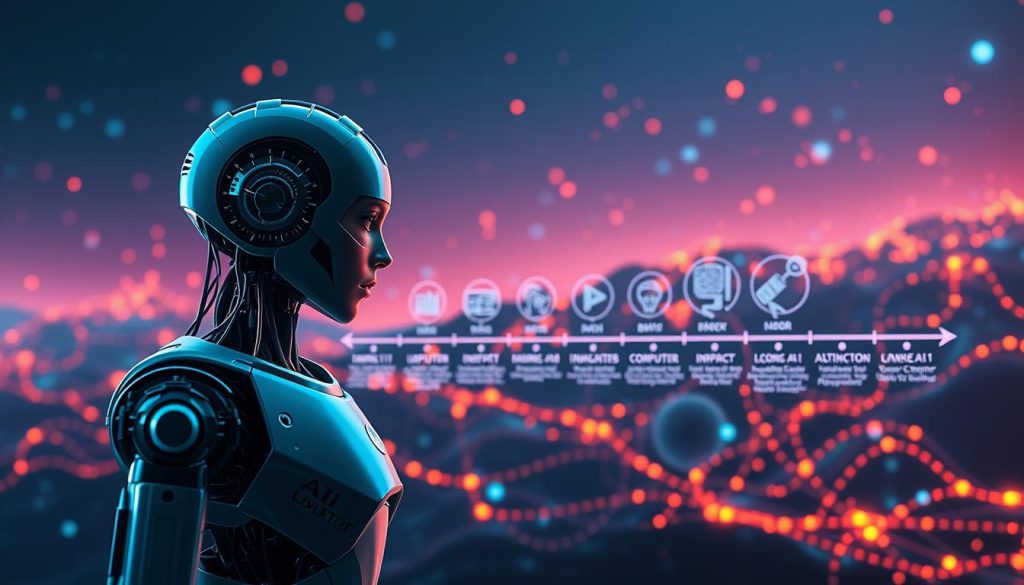 A visually striking representation of the "AI Evolution Process." In the foreground, a sleek, futuristic robot with a sophisticated design interacts with various AI components, such as neural networks and digital algorithms, symbolizing the complexity of artificial intelligence. The middle layer features a timeline of AI development, illustrated with iconic inventions like early computers, machine learning graphs, and modern AI systems, each elegantly transitioning into the next. The background showcases a vibrant digital landscape, glowing with circuitry patterns and binary code, hinting at the interconnectedness of technology. Dramatic yet balanced lighting enhances the sense of depth, casting soft glows and shadows across the scene. The overall mood is one of innovation and exploration, inviting viewers to ponder the transformative journey of AI through time. A visually striking representation of the "AI Evolution Process." In the foreground, a sleek, futuristic robot with a sophisticated design interacts with various AI components, such as neural networks and digital algorithms, symbolizing the complexity of artificial intelligence. The middle layer features a timeline of AI development, illustrated with iconic inventions like early computers, machine learning graphs, and modern AI systems, each elegantly transitioning into the next. The background showcases a vibrant digital landscape, glowing with circuitry patterns and binary code, hinting at the interconnectedness of technology. Dramatic yet balanced lighting enhances the sense of depth, casting soft glows and shadows across the scene. The overall mood is one of innovation and exploration, inviting viewers to ponder the transformative journey of AI through time.