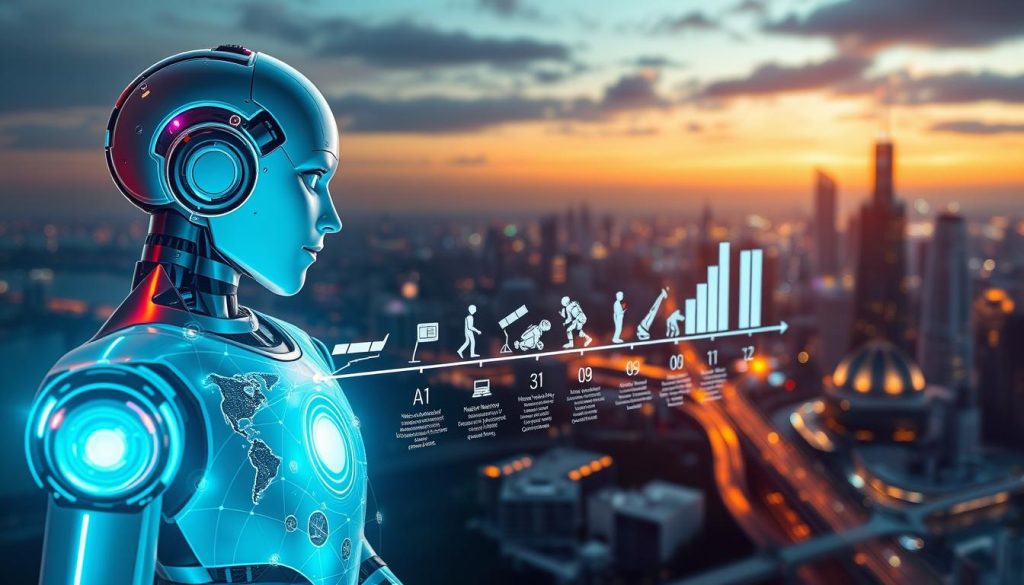 A visually striking representation of the "Evolution of AI Technologies." In the foreground, a sleek humanoid robot interacts with a glowing holographic interface, showcasing various AI milestones like neural networks, machine learning, and robotics in vibrant, modern graphics. The middle layer features a dynamic evolution timeline, with key developments illustrated as icons, fading from historical to futuristic designs. The background offers a city skyline, merging nature with advanced technology, symbolizing AI integration into daily life. Soft, ambient lighting creates an inspiring atmosphere, emphasizing innovation and progress. Use a wide-angle lens to capture depth and detail. The overall mood is optimistic and forward-looking, reflecting the potential of AI in society. A visually striking representation of the "Evolution of AI Technologies." In the foreground, a sleek humanoid robot interacts with a glowing holographic interface, showcasing various AI milestones like neural networks, machine learning, and robotics in vibrant, modern graphics. The middle layer features a dynamic evolution timeline, with key developments illustrated as icons, fading from historical to futuristic designs. The background offers a city skyline, merging nature with advanced technology, symbolizing AI integration into daily life. Soft, ambient lighting creates an inspiring atmosphere, emphasizing innovation and progress. Use a wide-angle lens to capture depth and detail. The overall mood is optimistic and forward-looking, reflecting the potential of AI in society.