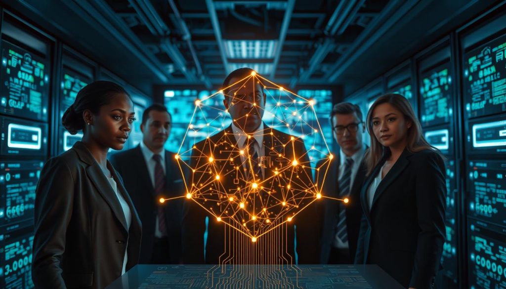 A visually striking representation of the challenges of Black Box AI. In the foreground, a diverse group of professionals in business attire, including a Black woman, an Asian man, and a Hispanic woman, are gathered around a glowing, abstract AI model that appears complex and opaque, with intricate geometric shapes and circuits. The middle ground features a digital interface with confusing data streams and algorithms, highlighting the difficulties in understanding AI decisions. In the background, a dimly lit room filled with data servers and monitors radiating soft blue and green light creates a technological atmosphere. The overall mood is tense and inquisitive, with a sense of urgency to uncover the mysteries behind AI's decision-making processes. Use a wide-angle lens to capture depth, ensuring a balanced composition. A visually striking representation of the challenges of Black Box AI. In the foreground, a diverse group of professionals in business attire, including a Black woman, an Asian man, and a Hispanic woman, are gathered around a glowing, abstract AI model that appears complex and opaque, with intricate geometric shapes and circuits. The middle ground features a digital interface with confusing data streams and algorithms, highlighting the difficulties in understanding AI decisions. In the background, a dimly lit room filled with data servers and monitors radiating soft blue and green light creates a technological atmosphere. The overall mood is tense and inquisitive, with a sense of urgency to uncover the mysteries behind AI's decision-making processes. Use a wide-angle lens to capture depth, ensuring a balanced composition.