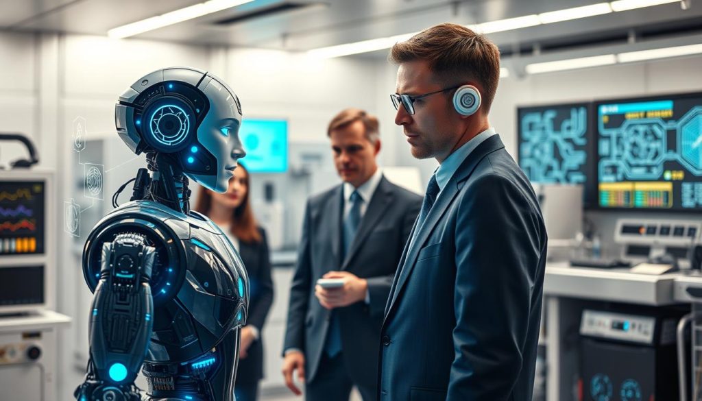 A visually striking representation of the characteristics of Strong AI, set in a sleek, futuristic laboratory environment. In the foreground, an advanced humanoid robot, designed with intricate circuitry and glowing blue accents, interacts with a holographic display projecting symbols of intelligence and cognition. The middle layer features researchers in professional business attire, critically observing the robot, with expressions of awe and determination. In the background, high-tech machines and screens pulsate with data and neural network visuals, creating a dynamic and informative atmosphere. The lighting is bright and focused, emphasizing innovation, with a soft glow illuminating the robot. The mood should evoke a sense of curiosity and excitement about the future of artificial intelligence. A visually striking representation of the characteristics of Strong AI, set in a sleek, futuristic laboratory environment. In the foreground, an advanced humanoid robot, designed with intricate circuitry and glowing blue accents, interacts with a holographic display projecting symbols of intelligence and cognition. The middle layer features researchers in professional business attire, critically observing the robot, with expressions of awe and determination. In the background, high-tech machines and screens pulsate with data and neural network visuals, creating a dynamic and informative atmosphere. The lighting is bright and focused, emphasizing innovation, with a soft glow illuminating the robot. The mood should evoke a sense of curiosity and excitement about the future of artificial intelligence.