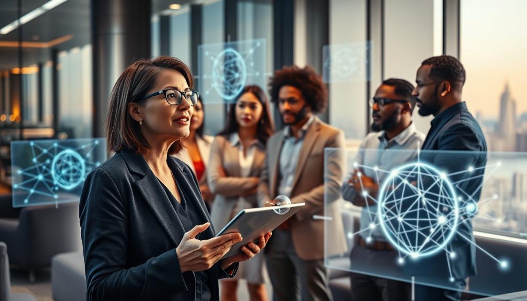 A visually striking scene depicting a group of diverse, professional individuals engaged in a philosophical debate about strong AI. In the foreground, a middle-aged woman with glasses, wearing a tailored blazer, passionately gestures as she speaks. Beside her, a younger man in a smart casual shirt takes notes on a digital tablet. In the middle ground, a diverse array of professionals, including a South Asian woman and a Black man, thoughtfully exchange ideas, surrounded by holographic displays of complex algorithms and neural network diagrams illustrating AI concepts. The background features a futuristic room with sleek, modern furniture, soft ambient lighting, and large glass windows showing a city skyline. The atmosphere is intellectually stimulating and collaborative, emphasizing innovation and deep contemplation. A visually striking scene depicting a group of diverse, professional individuals engaged in a philosophical debate about strong AI. In the foreground, a middle-aged woman with glasses, wearing a tailored blazer, passionately gestures as she speaks. Beside her, a younger man in a smart casual shirt takes notes on a digital tablet. In the middle ground, a diverse array of professionals, including a South Asian woman and a Black man, thoughtfully exchange ideas, surrounded by holographic displays of complex algorithms and neural network diagrams illustrating AI concepts. The background features a futuristic room with sleek, modern furniture, soft ambient lighting, and large glass windows showing a city skyline. The atmosphere is intellectually stimulating and collaborative, emphasizing innovation and deep contemplation.