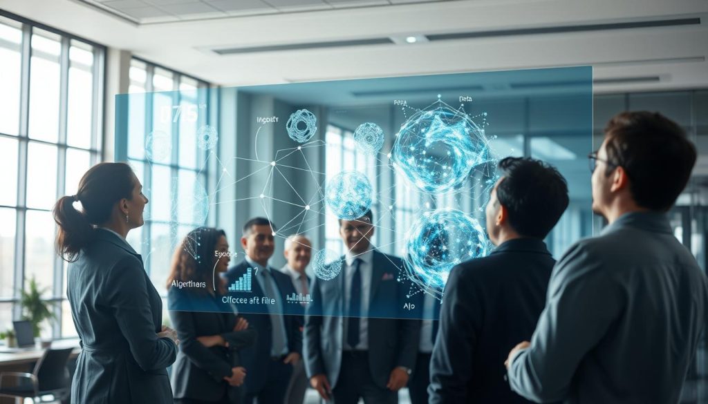 A visually striking scene depicting the influence of algorithms on data usage in AI technology. In the foreground, a diverse group of professionals in business attire are engaged in animated discussion around a large, transparent screen displaying intricate data visualizations and algorithmic patterns. The middle ground features holographic representations of complex algorithms, with dynamic lines connecting them to swirling clouds of data points. In the background, a modern office environment with large windows allows natural light to flood in, creating a bright and innovative atmosphere. The lighting is soft yet focused on the screen, casting reflections that enhance the sense of depth. Capture the excitement and complexity of AI technology, illustrating its profound impact on our understanding and utilization of data. A visually striking scene depicting the influence of algorithms on data usage in AI technology. In the foreground, a diverse group of professionals in business attire are engaged in animated discussion around a large, transparent screen displaying intricate data visualizations and algorithmic patterns. The middle ground features holographic representations of complex algorithms, with dynamic lines connecting them to swirling clouds of data points. In the background, a modern office environment with large windows allows natural light to flood in, creating a bright and innovative atmosphere. The lighting is soft yet focused on the screen, casting reflections that enhance the sense of depth. Capture the excitement and complexity of AI technology, illustrating its profound impact on our understanding and utilization of data.