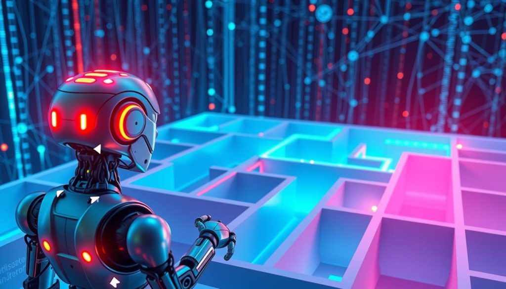A vivid illustration of the Reinforcement Learning process, featuring a dynamic visualization of an AI agent navigating a 3D maze. In the foreground, the AI agent, represented as a sleek robot with glowing circuits, is depicted making a decision at a critical junction, with arrows indicating potential paths. The middle ground showcases the maze with vibrant colors, highlighting areas of success and failure with contrasting light effects, such as warm glows for rewards and cool blues for penalties. The background is a futuristic digital network, with nodes and connections symbolizing information flow and learning. Soft lighting creates an insightful and contemplative mood, emphasizing the concept of independent learning. The perspective is slightly above the maze, offering an engaging overview, with a focus on clarity and inspiration without any textual elements. A vivid illustration of the Reinforcement Learning process, featuring a dynamic visualization of an AI agent navigating a 3D maze. In the foreground, the AI agent, represented as a sleek robot with glowing circuits, is depicted making a decision at a critical junction, with arrows indicating potential paths. The middle ground showcases the maze with vibrant colors, highlighting areas of success and failure with contrasting light effects, such as warm glows for rewards and cool blues for penalties. The background is a futuristic digital network, with nodes and connections symbolizing information flow and learning. Soft lighting creates an insightful and contemplative mood, emphasizing the concept of independent learning. The perspective is slightly above the maze, offering an engaging overview, with a focus on clarity and inspiration without any textual elements.