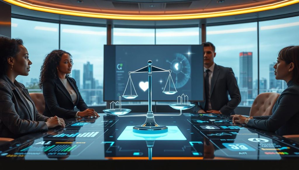 In a futuristic conference room filled with soft, ambient lighting, a diverse group of three professionals in business attire – a Black woman, a Caucasian man, and an Asian woman – are engaged in a serious discussion about AI ethics. The foreground features a table laden with holographic displays showing graphs and ethical concepts related to AI regulation. In the middle, a large screen showcases a digital scale balancing technological icons on one side and ethical symbols like a heart and a justice scale on the other. The background features large windows with a cityscape view, symbolizing progress. The atmosphere is contemplative, emphasizing the importance of ethics in the future of AI, with a slight warm glow illuminating the room, creating a sense of hope and urgency. In a futuristic conference room filled with soft, ambient lighting, a diverse group of three professionals in business attire – a Black woman, a Caucasian man, and an Asian woman – are engaged in a serious discussion about AI ethics. The foreground features a table laden with holographic displays showing graphs and ethical concepts related to AI regulation. In the middle, a large screen showcases a digital scale balancing technological icons on one side and ethical symbols like a heart and a justice scale on the other. The background features large windows with a cityscape view, symbolizing progress. The atmosphere is contemplative, emphasizing the importance of ethics in the future of AI, with a slight warm glow illuminating the room, creating a sense of hope and urgency.